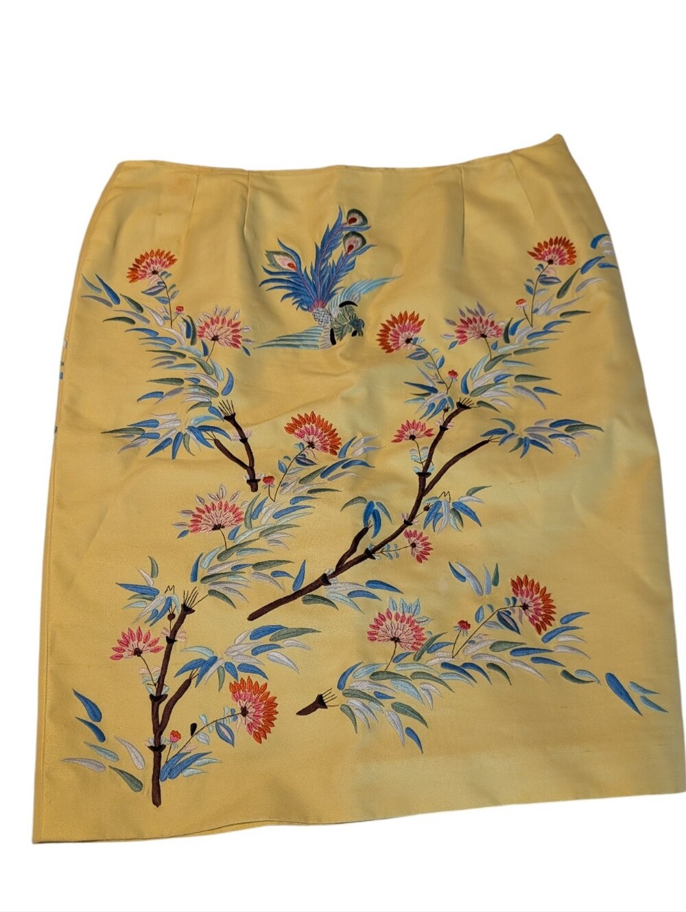 90s Y2K Vintage Doncaster Silk Cotton Floral Bird Asian Style Yellow Skirt Sz 12